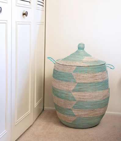 Handwoven Hamper Storage Basket, Aqua & White, Fair Trade, Eco-Friendly - Give Back Goods