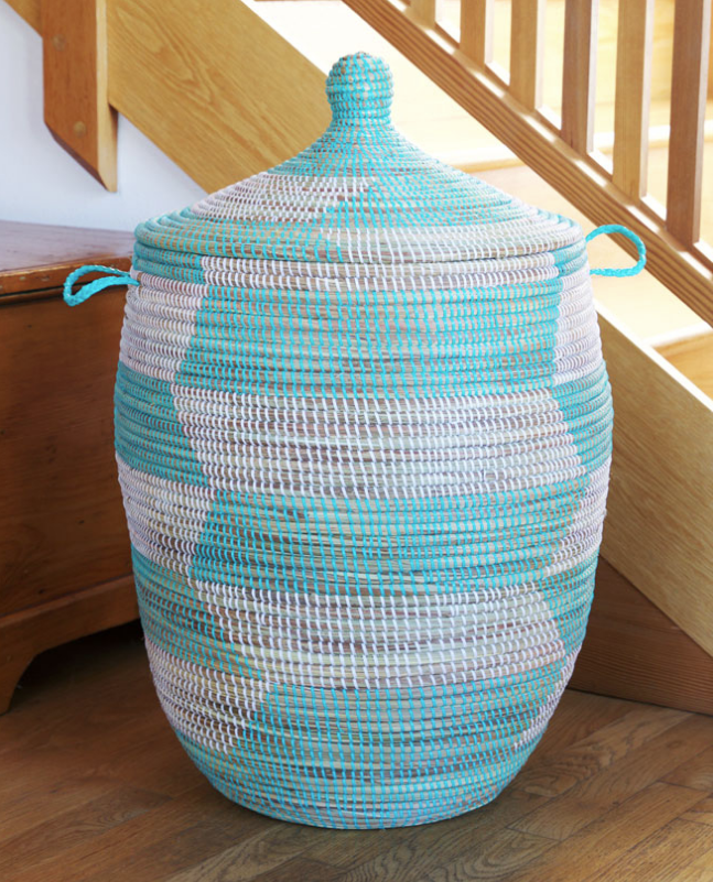 Handwoven Hamper Storage Basket, Aqua & White, Fair Trade, Eco-Friendly - Give Back Goods