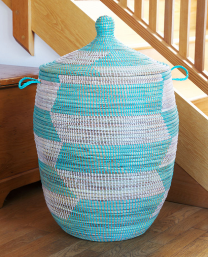 Handwoven Hamper Storage Basket, Aqua & White, Fair Trade, Eco-Friendly - Give Back Goods