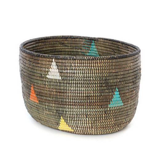 Handwoven Knitting Basket, African Cattail, Brown & Colored Triangles, Fair Trade