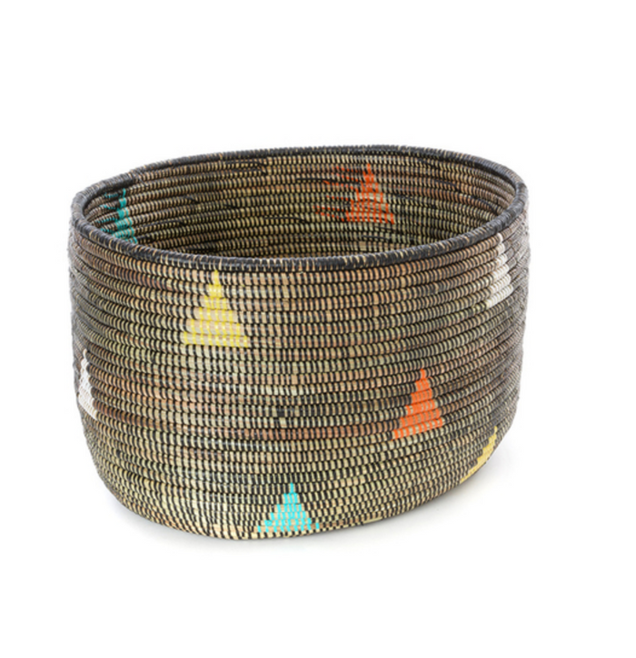 Handwoven Knitting Basket, African Cattail, Brown & Colored Triangles, Fair Trade