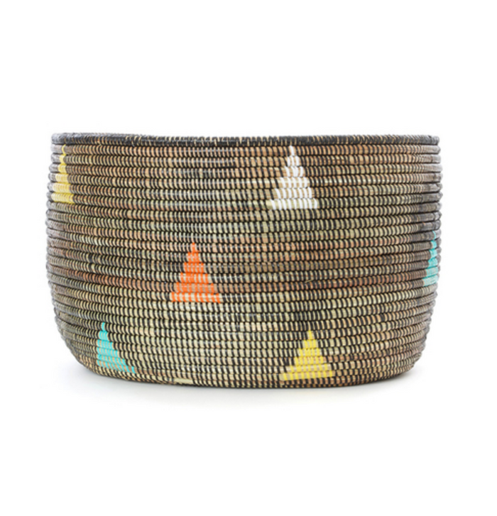 Handwoven Knitting Basket, African Cattail, Brown & Colored Triangles, Fair Trade