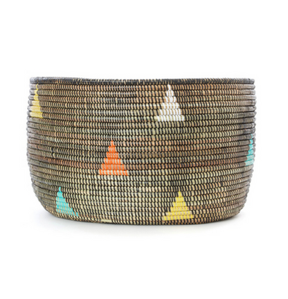 Handwoven Knitting Basket, African Cattail, Brown & Colored Triangles, Fair Trade