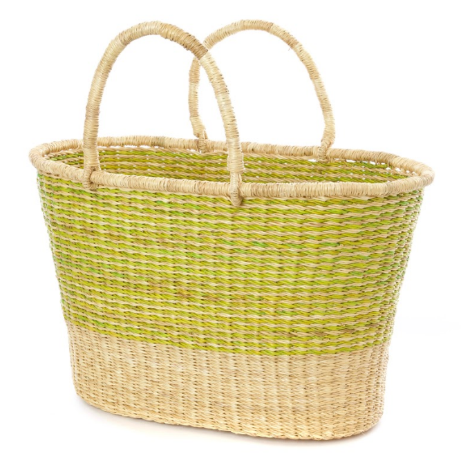 Handwoven Lime Striped Tote Basket, Fair Trade & Eco-Friendly