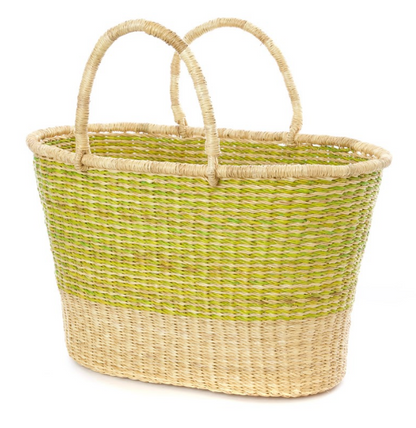 Handwoven Lime Striped Tote Basket, Fair Trade & Eco-Friendly
