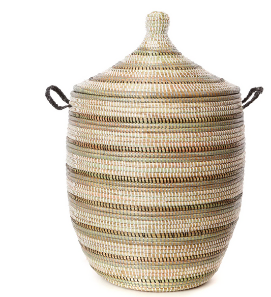 Handwoven, Medium Brown Striped Laundry Hamper Basket, Fair Trade