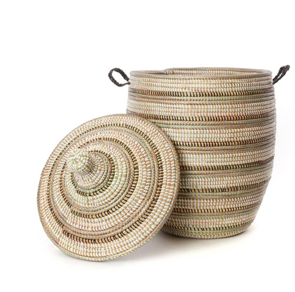 Handwoven, Medium Brown Striped Laundry Hamper Basket, Fair Trade