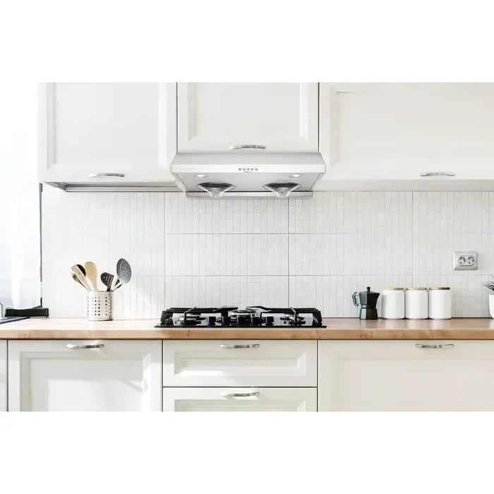 Hauslane Chef 30 in. Ducted Stainless Steel Under Cabinet Range Hood (UC-C100SS-30) lifestyle, in a luxury kitchen.