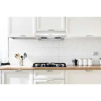 Hauslane Chef 30 in. Ducted Stainless Steel Under Cabinet Range Hood (UC-C100SS-30) lifestyle, in a luxury kitchen.