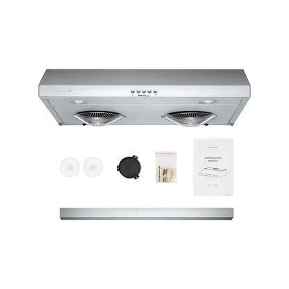 Hauslane Chef 30 in. Ducted Stainless Steel Under Cabinet Range Hood (UC-C100SS-30) with included parts and hardware.
