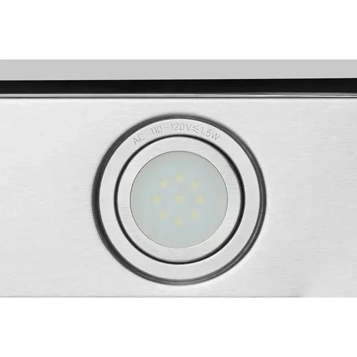 Hauslane Chef Convertible Stainless Steel Wall Mount Range Hood with Size Options (WM-600SS) close-up, LED lighting.