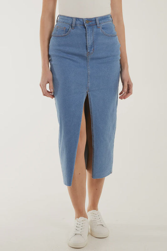 High Rise Denim Maxi Skirt