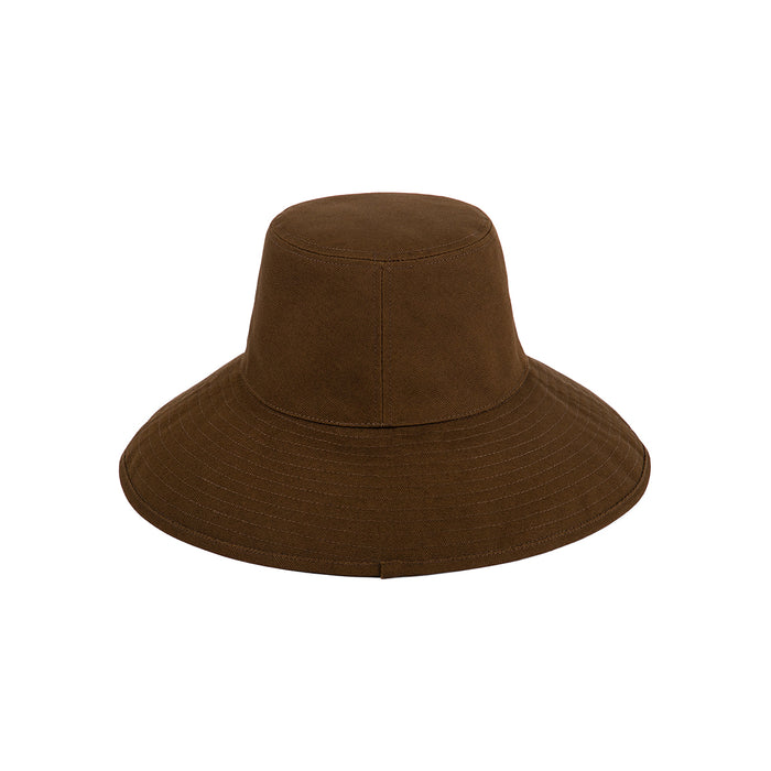 Brown cotton bucket hat with wide brim and neck tie, UPF 50+ sun protection