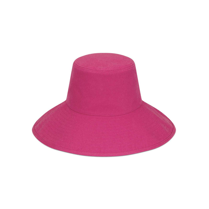 Fuchsia cotton bucket hat with wide brim and self-fabric ties