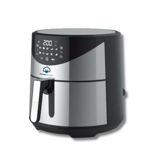 A black and silver electric fryer with a digital display and control panel on the front.