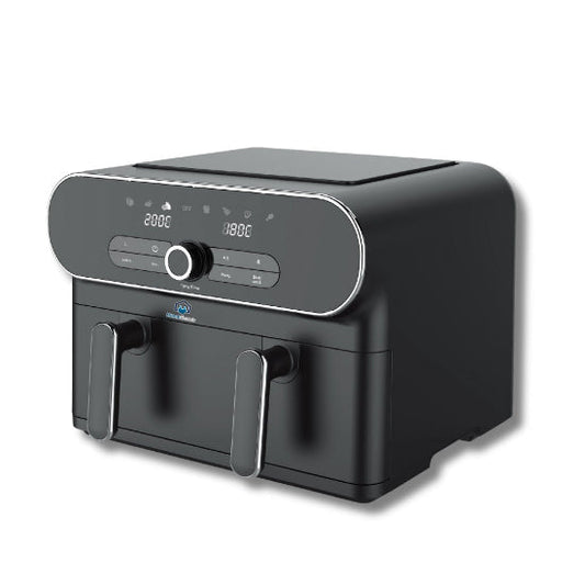 A black Home Electric dual basket electric fryer with a digital control panel.