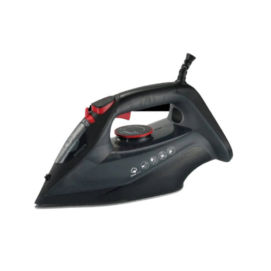 Black steam iron on a white background