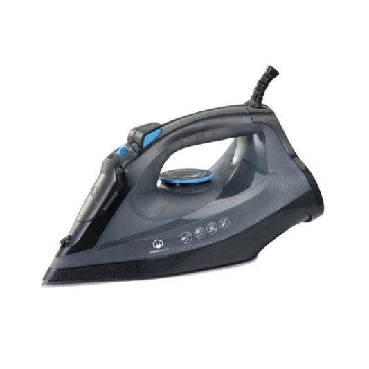 Black and gray steam iron on a white background
