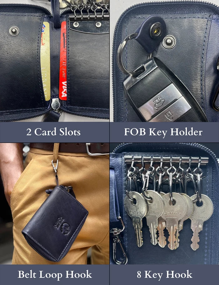 Iris Leather Key Holder Case Zippered Key Organizer Wallet (Blue)