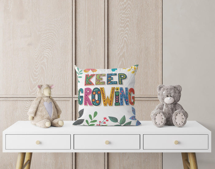 Keep Growing Inspirational Pillow | Floral Typography Boho Home Decor | Motivational Gift