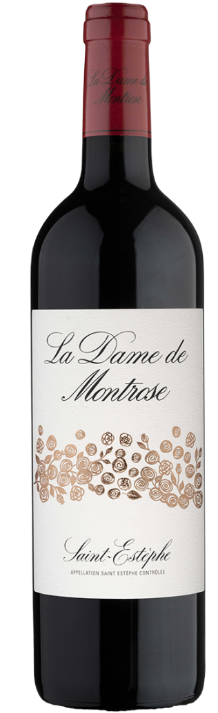 Red wine bottle with 'La Dame de Montrose' label on a white background
