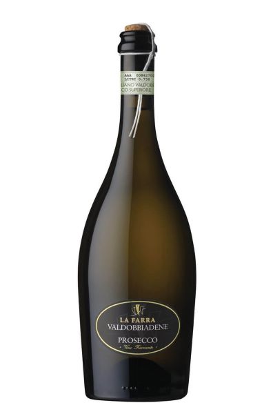 Bottle of La Farra Valdobbiadene Prosecco on a white background