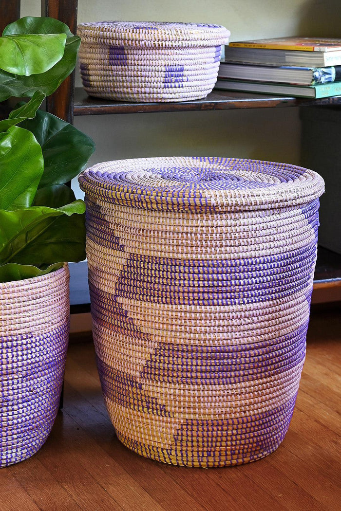 Lavender / Purple Herringbone Flat Lid Hamper Basket- Fair Trade from Senegal