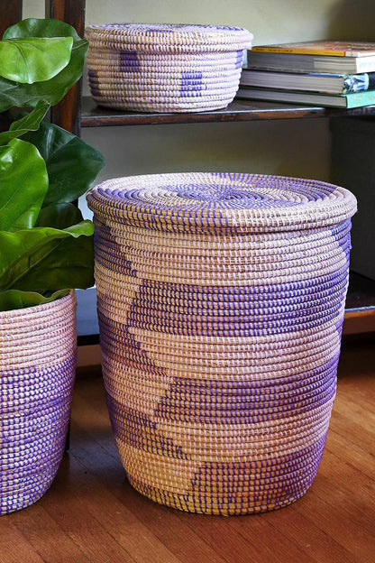 Lavender / Purple Herringbone Flat Lid Hamper Basket- Fair Trade from Senegal