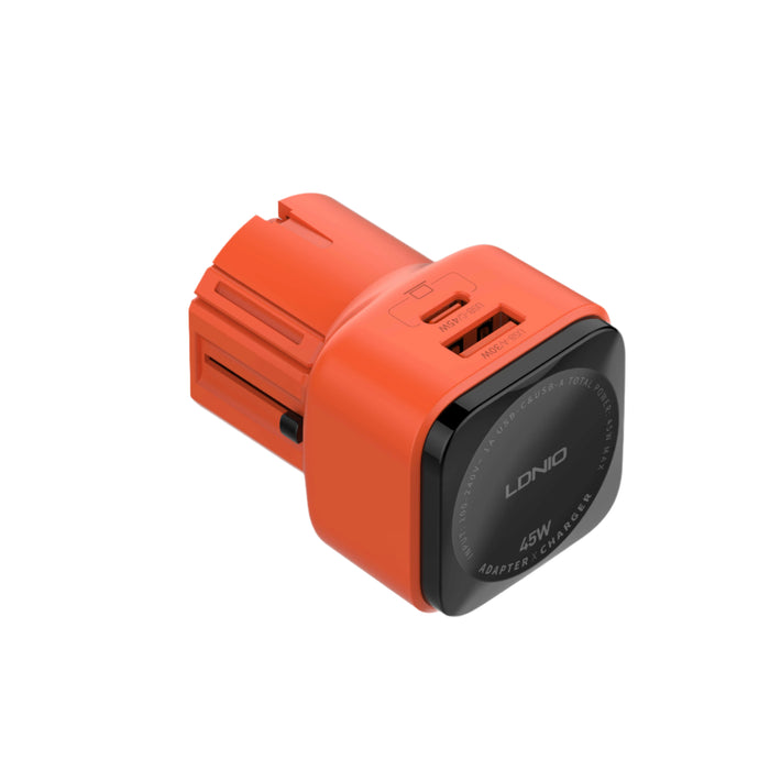 Orange travel adapter with USB port on a white background