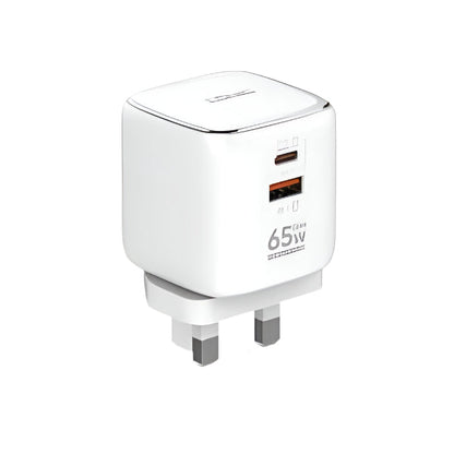 White power adapter with USB-C and USB-A ports on a white background