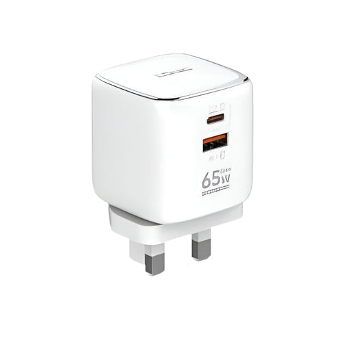 White power adapter with USB-C and USB-A ports on a white background