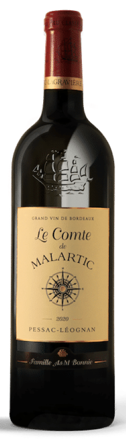 Red wine bottle labeled 'Le Comte de Malartic' on a white background