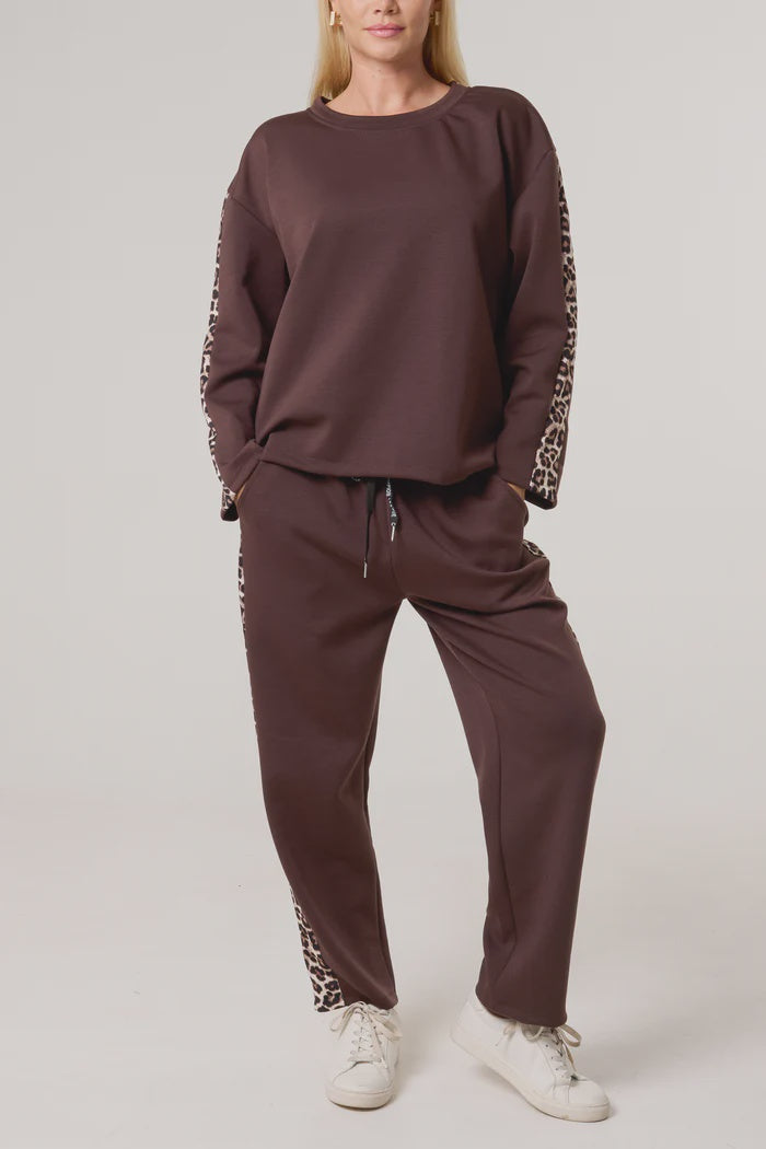 Leopard Print Detail Tracksuit - Chocolate