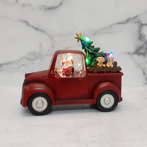 Lighted Water Globe Truck Santa & Dogs 9"