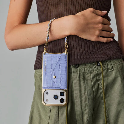 Lily Chrome Side Slot Leather Crossbody Bandolier Set - Lavender Croc/Chrome Gold