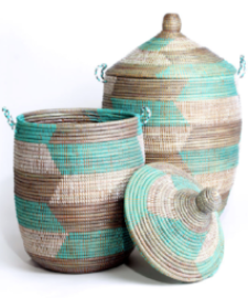 Prayer Mat Hamper Storage Basket, Fair Trade, Eco Friendly, Aqua, Silver and White - Give Back Goods