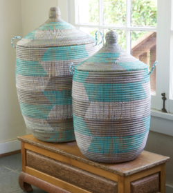 Prayer Mat Hamper Storage Basket, Fair Trade, Eco Friendly, Aqua, Silver and White - Give Back Goods