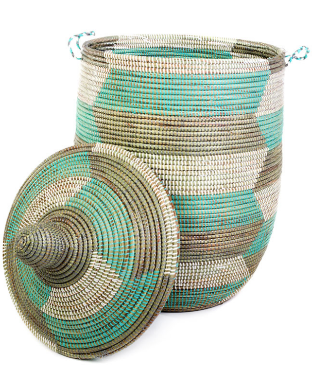 Prayer Mat Hamper Storage Basket, Fair Trade, Eco Friendly, Aqua, Silver and White - Give Back Goods