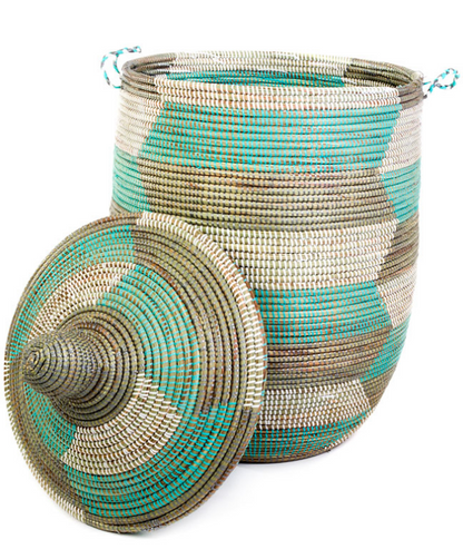 Prayer Mat Hamper Storage Basket, Fair Trade, Eco Friendly, Aqua, Silver and White - Give Back Goods