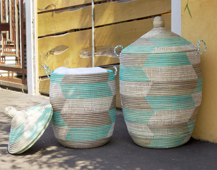 Prayer Mat Hamper Storage Basket, Fair Trade, Eco Friendly, Aqua, Silver and White - Give Back Goods