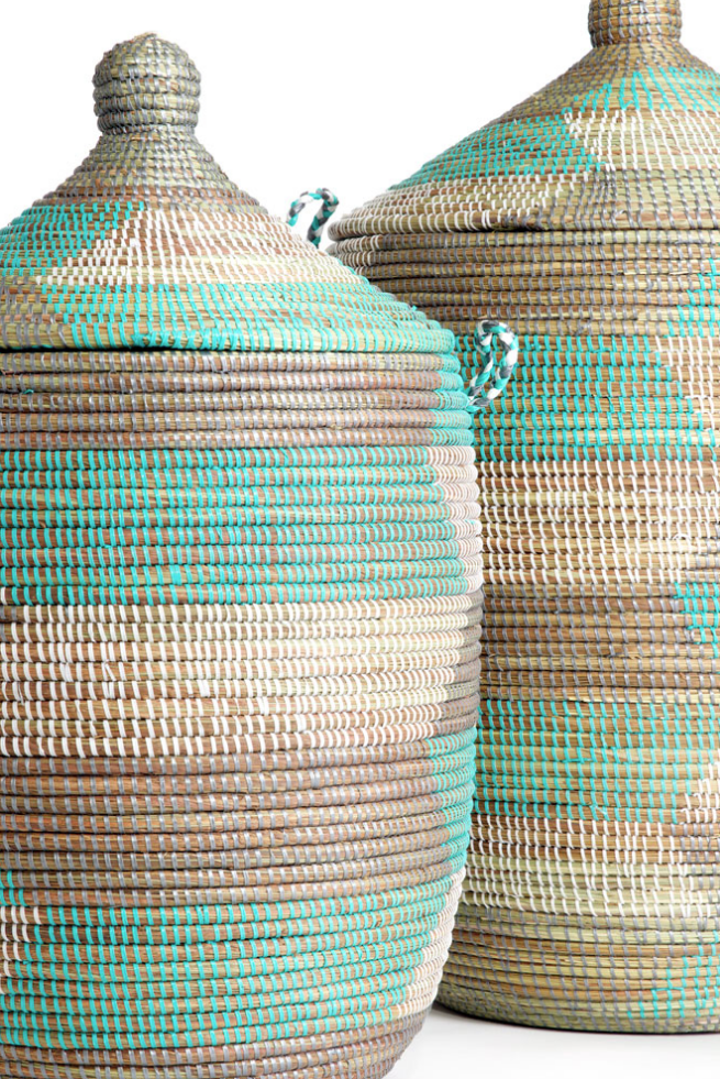 Prayer Mat Hamper Storage Basket, Fair Trade, Eco Friendly, Aqua, Silver and White - Give Back Goods