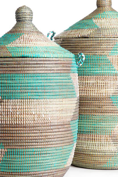 Prayer Mat Hamper Storage Basket, Fair Trade, Eco Friendly, Aqua, Silver and White - Give Back Goods