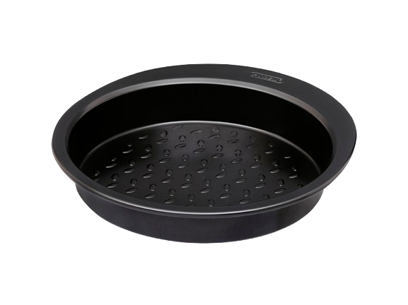Metal cake tin with black non-stick coating and a large handle for easy grip.