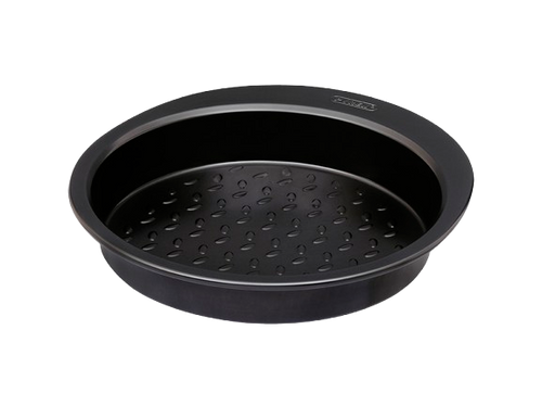 Metal cake tin with black non-stick coating and a large handle for easy grip.
