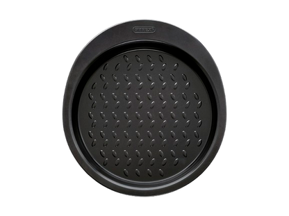 Metal cake tin with black non-stick coating and a large handle for easy grip, seen from above.
