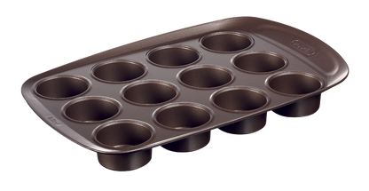12-cup metal muffin tin with non-stick coating and large handles for easy handling.