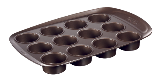 12-cup metal muffin tin with non-stick coating and large handles for easy handling.