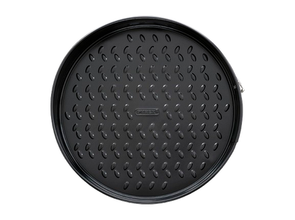 Round hinged mould made of black non-stick metal, viewed from above.
