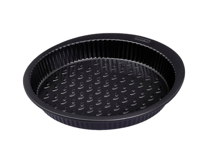 Black metal tart tin with large handles for easy grip.