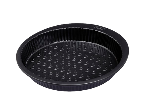 Black metal tart tin with large handles for easy grip.